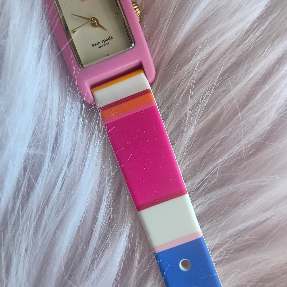 NEEDS BATTERY Kate Spade Red Pink Blue Yellow Orange Striped Silicone Watch - Picture 5 of 16